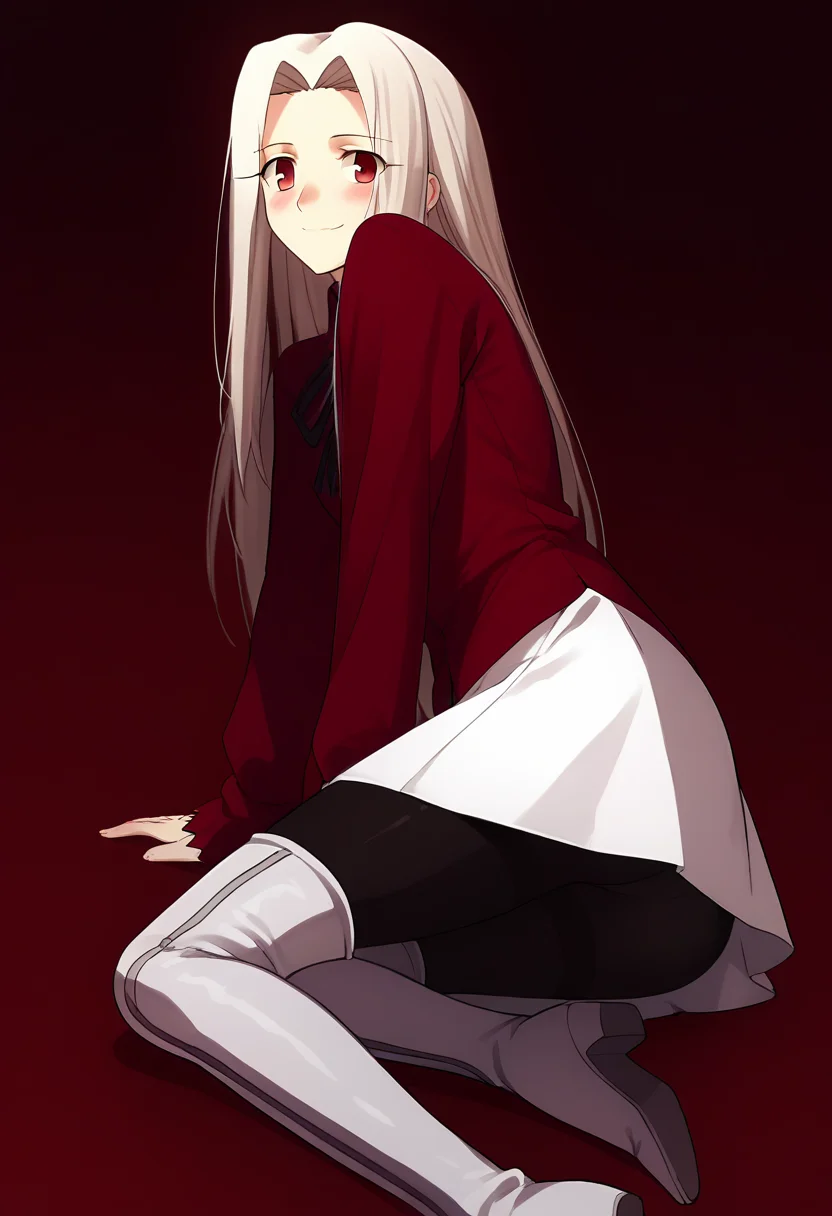 score_9, score_8_up, score_7_up, source_anime , <lora:Irisviel von Einzbern pony2:0.8>, irisviel von einzbern, white skirt, red shirt, shirt, long sleeves, 1girl, solo, long hair, red eyes, white hair, thigh boots, pantyhose, thighhighs, skirt, boots, smile, sits, blushes, background gradient, ass