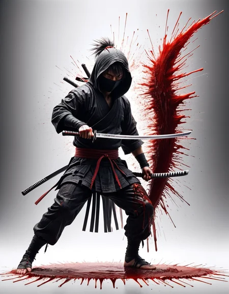Closeup Portrait,Dynamic pose By yoji shinkawa,a ninja gracefully posing in Fight stance with katana,Blood Splash,Blood fountain,infront of vanta white background with overhelming cascading red/black sharp ascii_art streams of data. Illuminate the fusion of artistry and innovation in this mesmerizing image.bailing_glitch_effect, atmospheric haze,Film grain,cinematic film still,highly detailed, made out of ral-stkdrnrc <lora:ral-stkdrnrc:1>
