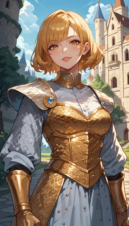 score_9, score_8_up, score_7_up, Anime Style, Portrait, girl, cute, seductive, innocent, light smile:0.3, plump lips, slender body, bob hair, dressing an high detailed medieval gold armor, gold ornate, gold embedded, glossy gold, high detailed chainmail, outdoors, professional photograph, award winning photography, far away castle background, depth of field, dynamic angle, fashion photography, sharp, hyperdetailed:1.15