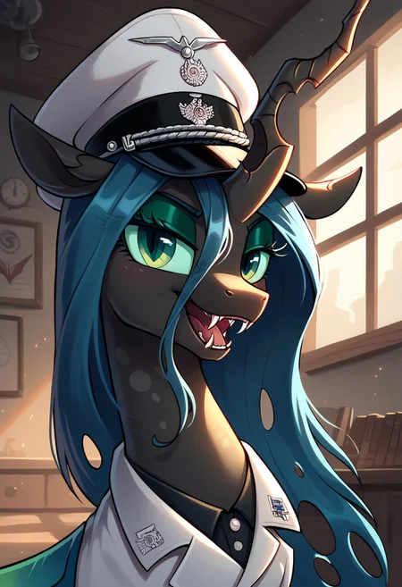 masterpiece, score_9, score_8_up, score_7_up, score_6_up, (best quality:1.1), ultra-detailed, high resolution, solo, (Queen chrysalis), mlp, g4, evil, changeling, feral, ragged ears, crooked horn, membrane tail, open mouth, sharp teeth, predatory smile, fangs, WWII, world war ii, bmu, white military uniform, peaked cap, portrait, indoors, (in the conference room), high quality, sharp, the quality of ai art is frightening, highly detailed, Long eyelashes, Highly Visible, from Equestria at War, sharp focus, perfect lighting, beautiful eyes, long eyelashes, anatomically correct, extremely detailed, shine on body, high detail, Expressiveh, detailed background, OverallDetail, zPDXL2