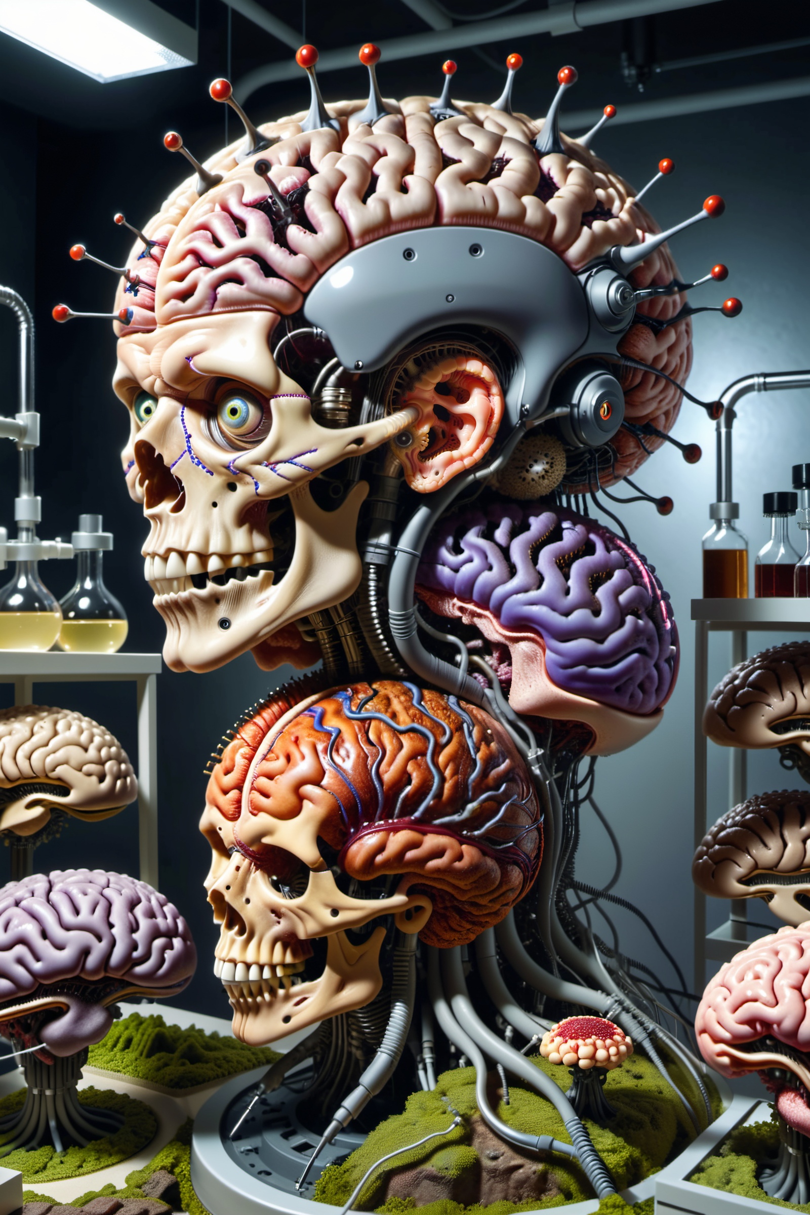 An (extremely detailed:1),vast,weird,chaotic dream landscape of crazy (genetically engineered) brains in a research lab. (hyper-realistic),(overwhelmingly captivating),real intricately elaborate and (insanely strange:1.0) brain alteration with (incredibly absurd:1.0) brain anatomy. Random (Occult Chaos:1) brain nonsense. Hyper-detailed Photography,, Ultra-HD-details