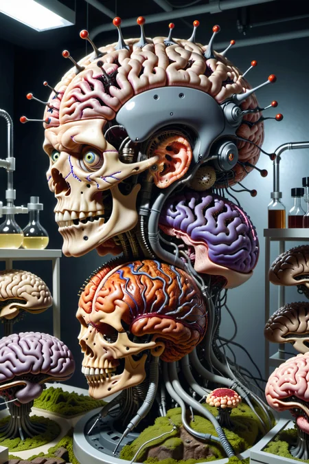 An (extremely detailed:1),vast,weird,chaotic dream landscape of crazy (genetically engineered) brains in a research lab. (hyper-realistic),(overwhelmingly captivating),real intricately elaborate and (insanely strange:1.0) brain alteration with (incredibly absurd:1.0) brain anatomy. Random (Occult Chaos:1) brain nonsense. Hyper-detailed Photography,, Ultra-HD-details