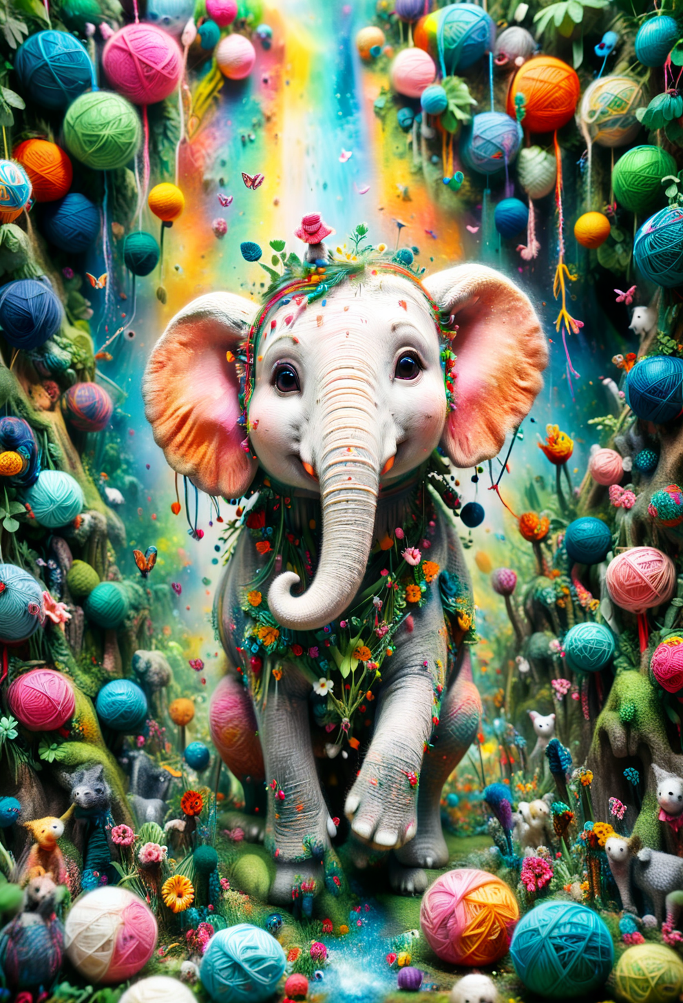 <lora:Yarnworld:1> cute, colorful, vivid and whimsical, imaginative, surreal fantasy,  An epic image of yrnwrld Elephant in the Jungle((dynamic angle, dynamic view,dynamic pose)), blurred background, 
<lora:add-detail-xl:1> ,  <lora:aidmaImageUpgraderSDXL-v0.3:0.75> aidmaimageupgrader,   <lora:xl_more_art-full_v1:1>,