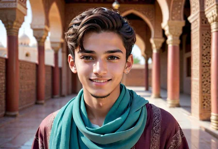 1guy, muslim guy, detailed muslim face, partially smile, huge bulged, cute handsome face, 21yo, His skin reflecting the light, wearing a colored muslim cloth, high detailed, high quality, 8K Ultra HD, full body shot, twink body, (( islamic culture center )), slim young body,