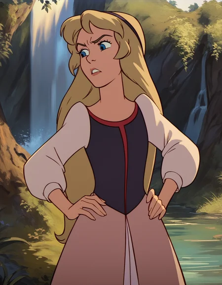 score_9,  score_8_up, score_7_up <lora:eilonwy-ponyxl-000050:1> eilonwy, dress, hairband,
1girl, solo, annoyed, parted lips, hands on own hips, tree, waterfall