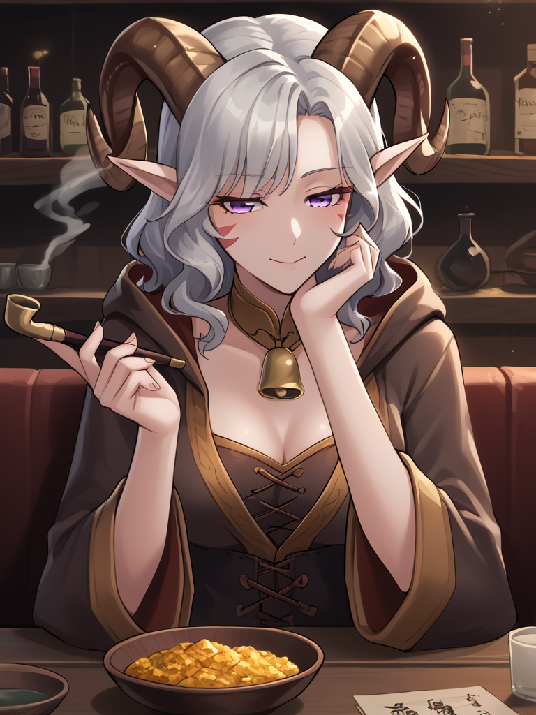 <lora:smoking_Pipe:0.8> smoking_pipe, holding smoking pipe,  looking at viwer, fantasy, medieval, tavern:1.4, sitting,, source_furry, score_7_up, rating_safe, cowboy shot, gold necklace, tiefing, short pointed ears, brown horns, (a pair of brown sheep Horns that begin at her temples and curve back: 1.5), bangs, long silver hair long wavy hair, pale skin, <lora:whisker_markings:0.8>red whisker_markings ,short pointy ears, purple eyes, <lora:age_slider_v4:0.6>   medium breasts, skinny female, close up, silver hair, <lora:Tieflingnew weird fantasyDND:0.3> Tiefling, pointed ears, horns, half-closed eyes<lora:Smooth Style 2 SDXL_LoRA_Pony Diffusion V6 XL:0.5> bell, robe, hood off,