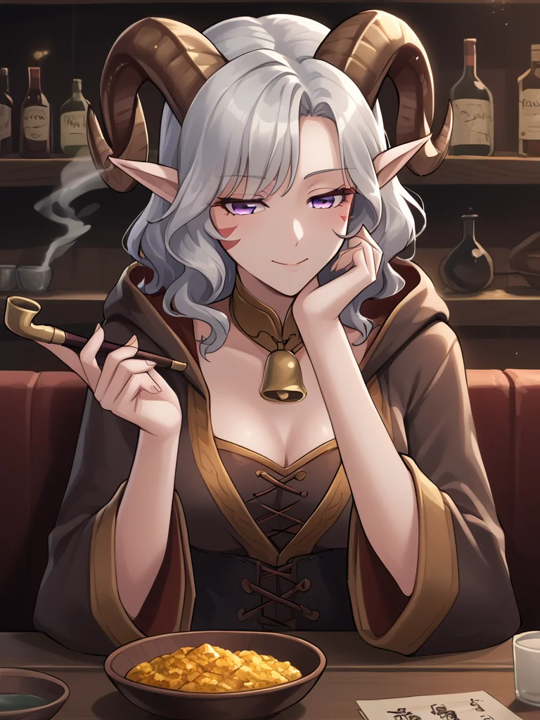 <lora:smoking_Pipe:0.8> smoking_pipe, holding smoking pipe,  looking at viwer, fantasy, medieval, tavern:1.4, sitting,, source_furry, score_7_up, rating_safe, cowboy shot, gold necklace, tiefing, short pointed ears, brown horns, (a pair of brown sheep Horns that begin at her temples and curve back: 1.5), bangs, long silver hair long wavy hair, pale skin, <lora:whisker_markings:0.8>red whisker_markings ,short pointy ears, purple eyes, <lora:age_slider_v4:0.6>   medium breasts, skinny female, close up, silver hair, <lora:Tieflingnew weird fantasyDND:0.3> Tiefling, pointed ears, horns, half-closed eyes<lora:Smooth Style 2 SDXL_LoRA_Pony Diffusion V6 XL:0.5> bell, robe, hood off,