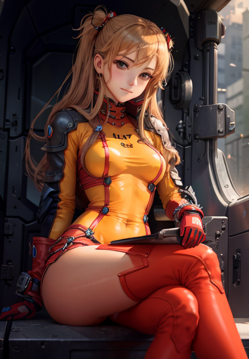<lora:Asuka-Langley:0.8>, alstps, 1girl, solo, smirk, sitting, crossed legs, (acclaimed, alluring, captivating, exciting, gorgeous, striking:1.3)