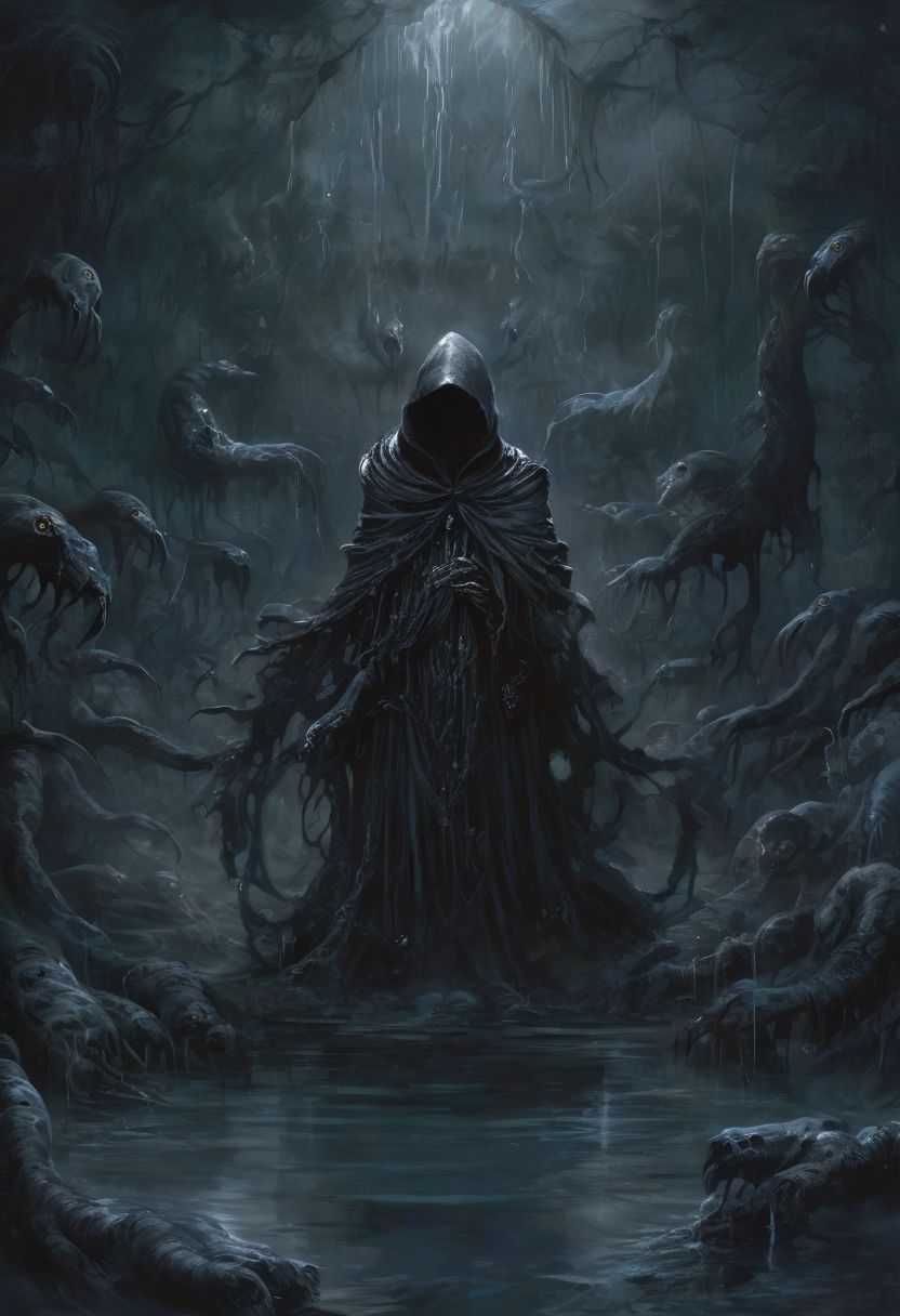 Dark Fantasy page, a figure who seems to meld with the shadows, swathed in an endless black cloak with a hood, levitates over a pool of inky water with writhing tentacles with mouths. the figure exudes an air of mystery and forbearance. the image, whether painted or digitally rendered, captures the anomaly and maleficence of the character with vivid detail, high contrast, deep shadows, blue accent, blue glow, <lora:EpicF4nta5yXL:0.8>