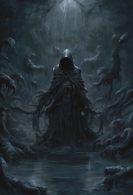 Dark Fantasy page, a figure who seems to meld with the shadows, swathed in an endless black cloak with a hood, levitates over a pool of inky water with writhing tentacles with mouths. the figure exudes an air of mystery and forbearance. the image, whether painted or digitally rendered, captures the anomaly and maleficence of the character with vivid detail, high contrast, deep shadows, blue accent, blue glow, <lora:EpicF4nta5yXL:0.8>