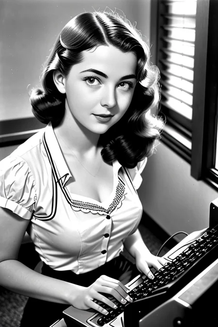 vintage photo, of 1940s female computer, inside university, making calculations to help win the war, perfect face, alluring eyes, beautiful hands, photographed on a Kodak 35, 50mm lens, f/3.5, black and white
