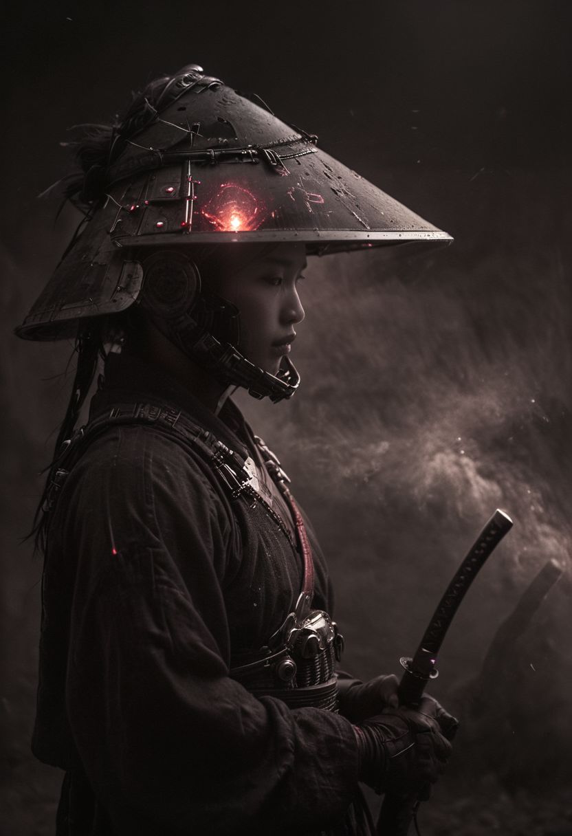 Red and Grey color graded glamour portrait photo of an Cyborg Samurai, macro, a captivating vibrant dark capturing the essence of a cyborg Bedouin sorcerer in fight stance, defying expectations by conjuring a whimsical robot 'freak' from an oversized sedge hat. ethereal, smoky backdrop. throwing a translucent red/tanslucent purple/black, weapon, katana, holding katana, atmospheric haze, Film grain, cinematic film still, shallow depth of field, highly detailed, high budget, cinemascope, moody, epic, OverallDetail, gorgeous, 2000s vintage RAW photo, photorealistic, candid camera, color graded cinematic, eye catchlights, atmospheric lighting, skin pores, imperfections, natural, shallow dof,
Behind him, the stars shimmer with distant promise, casting their ethereal light upon the scene. In this moment of solitude and reflection, the astronaut embodies the resilience of the human spirit, poised on the threshold of the unknown, grappling with the weight of what might have been.
In the depths of this nocturnal tableau lies the promise of exploration and discovery, where the spirit of the astronaut converges with the boundless possibilities of the cosmos. Though Earthbound for now, his spirit remains untethered, reaching out towards the distant stars with an unyielding resolve to explore, to discover, and to soar beyond the limits of imagination.