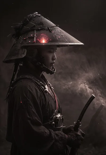 Red and Grey color graded glamour portrait photo of an Cyborg Samurai, macro, a captivating vibrant dark capturing the essence of a cyborg Bedouin sorcerer in fight stance, defying expectations by conjuring a whimsical robot 'freak' from an oversized sedge hat. ethereal, smoky backdrop. throwing a translucent red/tanslucent purple/black, weapon, katana, holding katana, atmospheric haze, Film grain, cinematic film still, shallow depth of field, highly detailed, high budget, cinemascope, moody, epic, OverallDetail, gorgeous, 2000s vintage RAW photo, photorealistic, candid camera, color graded cinematic, eye catchlights, atmospheric lighting, skin pores, imperfections, natural, shallow dof,
Behind him, the stars shimmer with distant promise, casting their ethereal light upon the scene. In this moment of solitude and reflection, the astronaut embodies the resilience of the human spirit, poised on the threshold of the unknown, grappling with the weight of what might have been.
In the depths of this nocturnal tableau lies the promise of exploration and discovery, where the spirit of the astronaut converges with the boundless possibilities of the cosmos. Though Earthbound for now, his spirit remains untethered, reaching out towards the distant stars with an unyielding resolve to explore, to discover, and to soar beyond the limits of imagination.