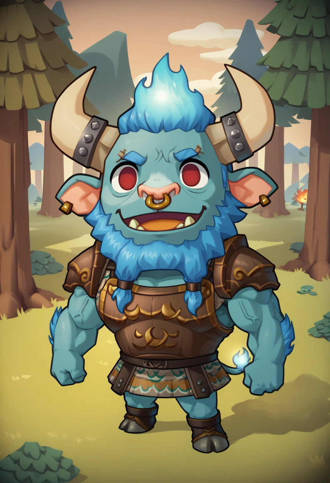 score_9, score_8_up, score_7_up, score_6_up, score_5_up, score_4_up, BREAK, 1boy, spiritbreakerpdxl, male, minotaur, beard, nose ring, red eyes, no pupils, shoulder armor, armor, solo, blue hair, muscular, looking at viewer, open mouth, hunched over, kilt, fiery hair, animalcrossing, tree, forest, outdoors, male focus, smile, small, full body, from above, standing, chibi, cute, <lora:SpiritBreaker-000005:0.6> <lora:Animal_Crossing_Style:0.9>