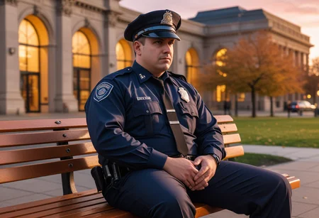 (medium full shot) of (medium shot ) of police officer sitting on a bench, detailed face, located in an urban scene at a bustling library during early morning with windy weather, illuminated by sunset hues, creating a vibrant atmosphere, Masterpiece,best quality, photo, realistic, very aesthetic,