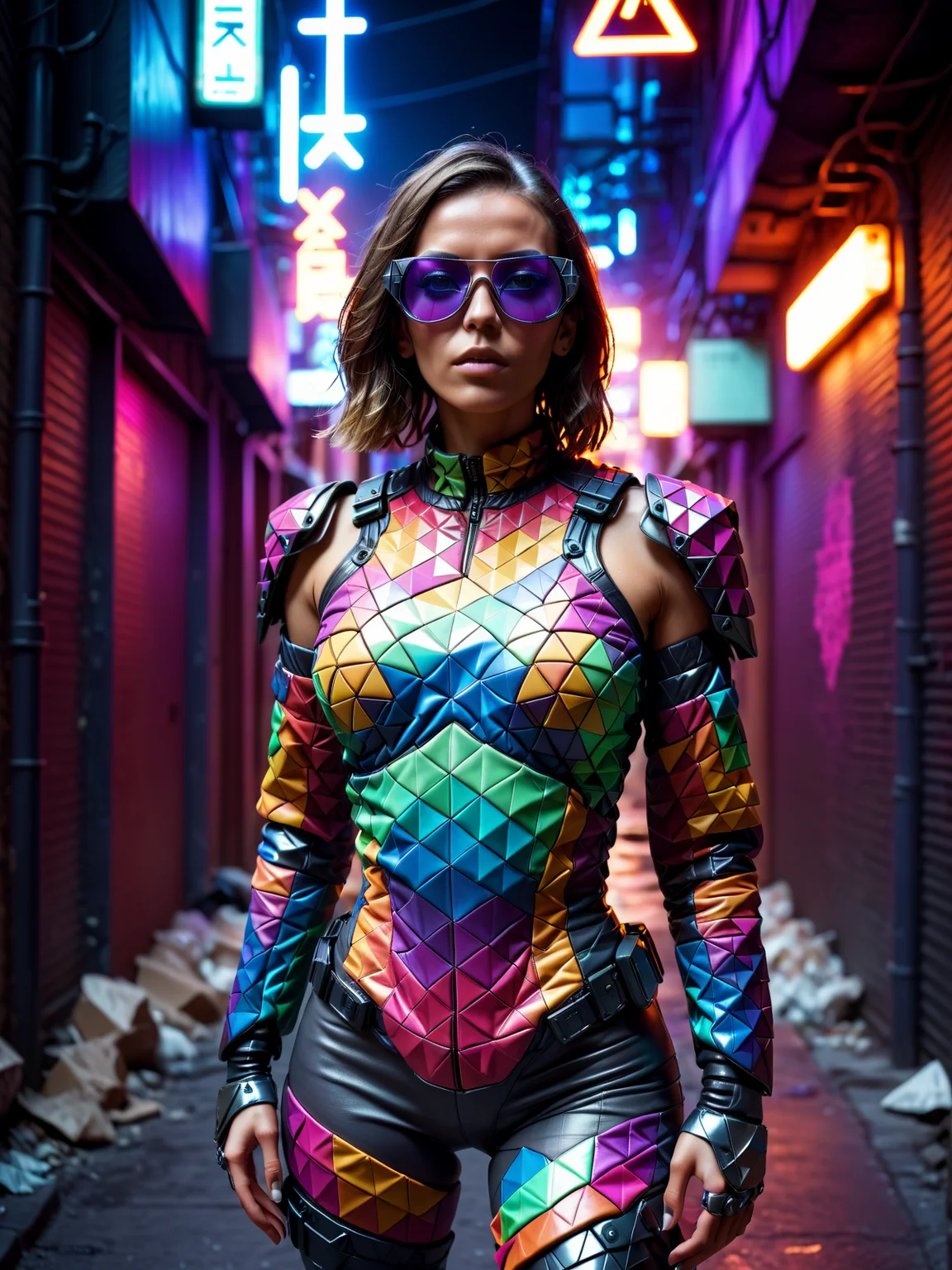 femal cyborg wearing a colorful mad-triangles leather clothes, futuristic glasses, dirty alley, garbage, steam, neon lights, night <lora:Colorful_Triangle_SDXL_v2:0.8>, raw photo, film grain, Fujifilm XT3, (photorealistic, realistic:1.2), deep shadow,  8k, uhd, dslr, ultra high res