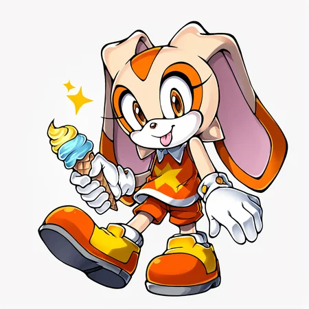 score_9, score_8_up, score_7_up, score_6_up, score_5_up, score_4_up, BREAK, <lora:CreamtherabbitpnyXL:1>, 1girl, solo, looking at viewer, smile, simple background, shirt, gloves, holding, animal ears, standing, full body, food, shoes, shorts, sleeveless, tongue, white gloves, tongue out, rabbit ears, orange eyes, sleeveless shirt, transparent background, happy, child, furry, ice cream, rabbit girl, furry female, female child, orange shirt, animal nose, ice cream cone, orange footwear, orange shorts, cream the rabbit , sonic the hedgehog \(series\)