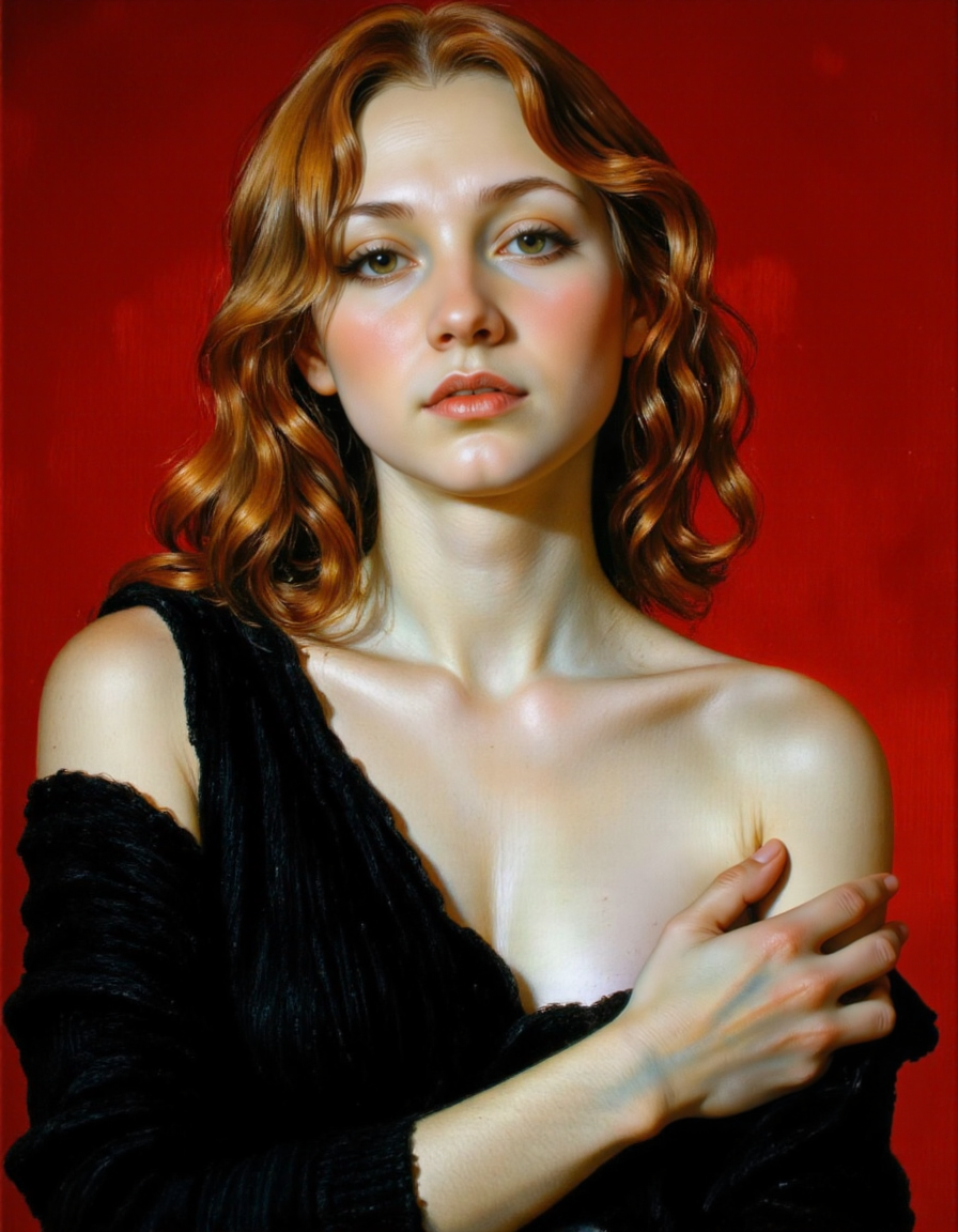 Rembrandt style <lora:valejo:1>, This is a high-resolution, studio photograph featuring a young Caucasian woman with light skin and shoulder-length, wavy red hair that frames her face. She has a slender, athletic build with a delicate collarbone and a natural, unmade appearance. Her green eyes are wide and expressive, with a hint of mascara and subtle eyeliner. She is not wearing any makeup except for a light foundation that enhances her skin tone., 
She is topless, with the black, ribbed-knit sweater draped loosely around her shoulders, exposing her collarbones and upper chest. The sweater adds a textured, cozy element to the image. Her expression is neutral yet slightly pensive, with a soft, full-lipped mouth and a direct gaze into the camera., 
The background is a solid, deep red, which contrasts starkly with her hair and skin tone, drawing attention to her face and shoulders. The lighting is soft and even, highlighting her skin's natural glow and the texture of her hair. The overall mood of the photograph is intimate and contemplative, capturing a moment of quiet introspection. The image is well-composed, with a shallow depth of field that keeps the focus sharply on the subject., <lora:FluxMythR3alisticF:1> . Baroque, chiaroscuro, realistic, emotional, "flat lighting