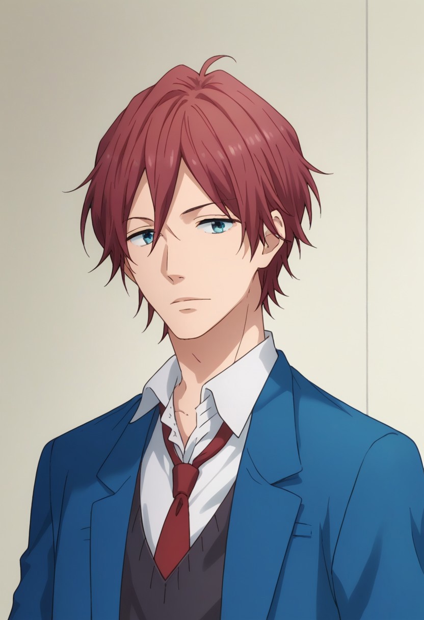 score_9, score_8_up, score_7_up, source_anime, highly detailed, 
tomoya, 1boy, solo, male focus, school uniform, necktie, hands on hips, red hair, blue eyes, jacket, blazer, upper body, sweater, black sweater,