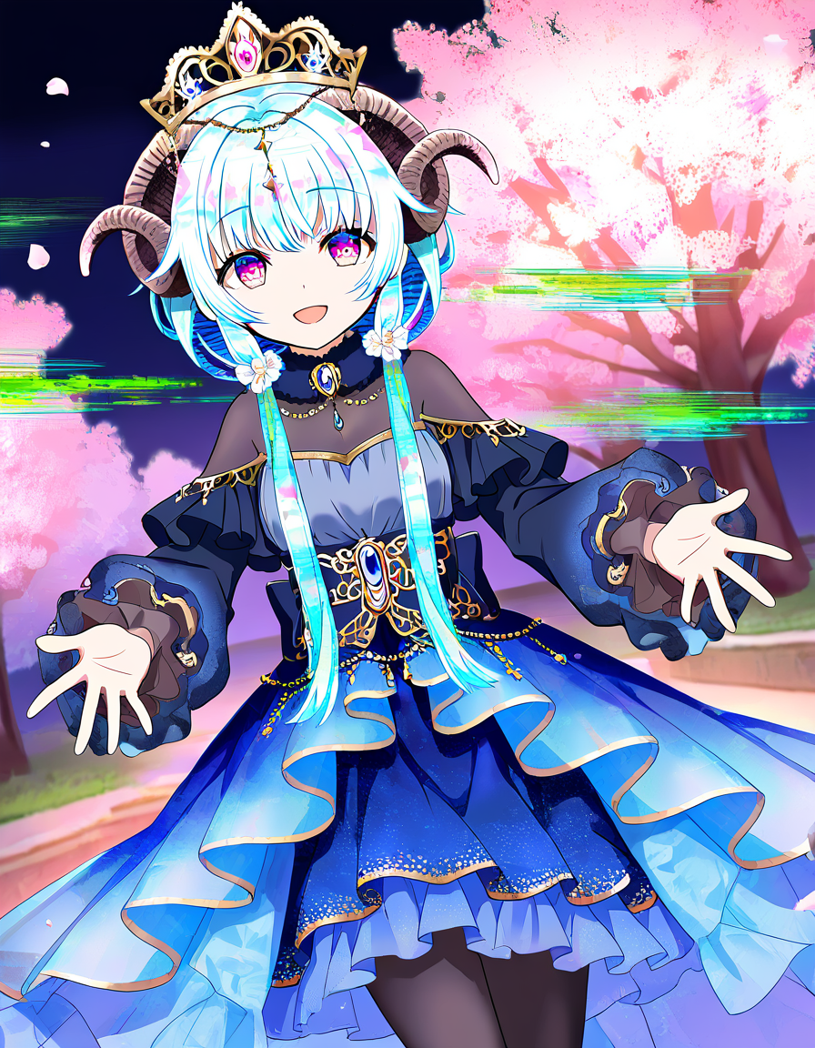 masterpiece, best quality, newest, absurdres, highres, safe, 1girl, sena mikoto, magia record: mahou shoujo madoka magica gaiden, glitch hair, glitch, horns, blue hair, blue dress, solo, smile, open mouth, outdoors, cherry blossoms, night, dutch angle, <lora:sena_mikoto_noobaiXLNAIXL_vPred10Version:0.7>