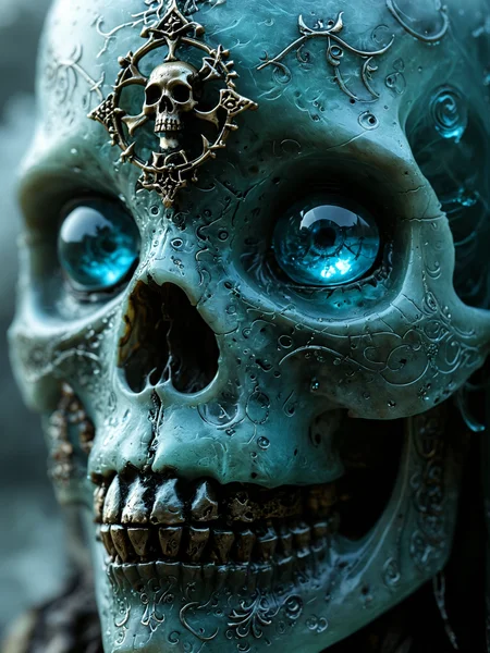 A magical, highly detailed close-up of lich with glass skull, with intricate engravings of mystical symbols, with a faint blue mist seeping out of its eyeholes , The atmosphere is enchanting, as though the scene is on the verge of an extraordinary, magical event. <lora:DetailMaximizer:0.7> <lora:MJ52:0.7>