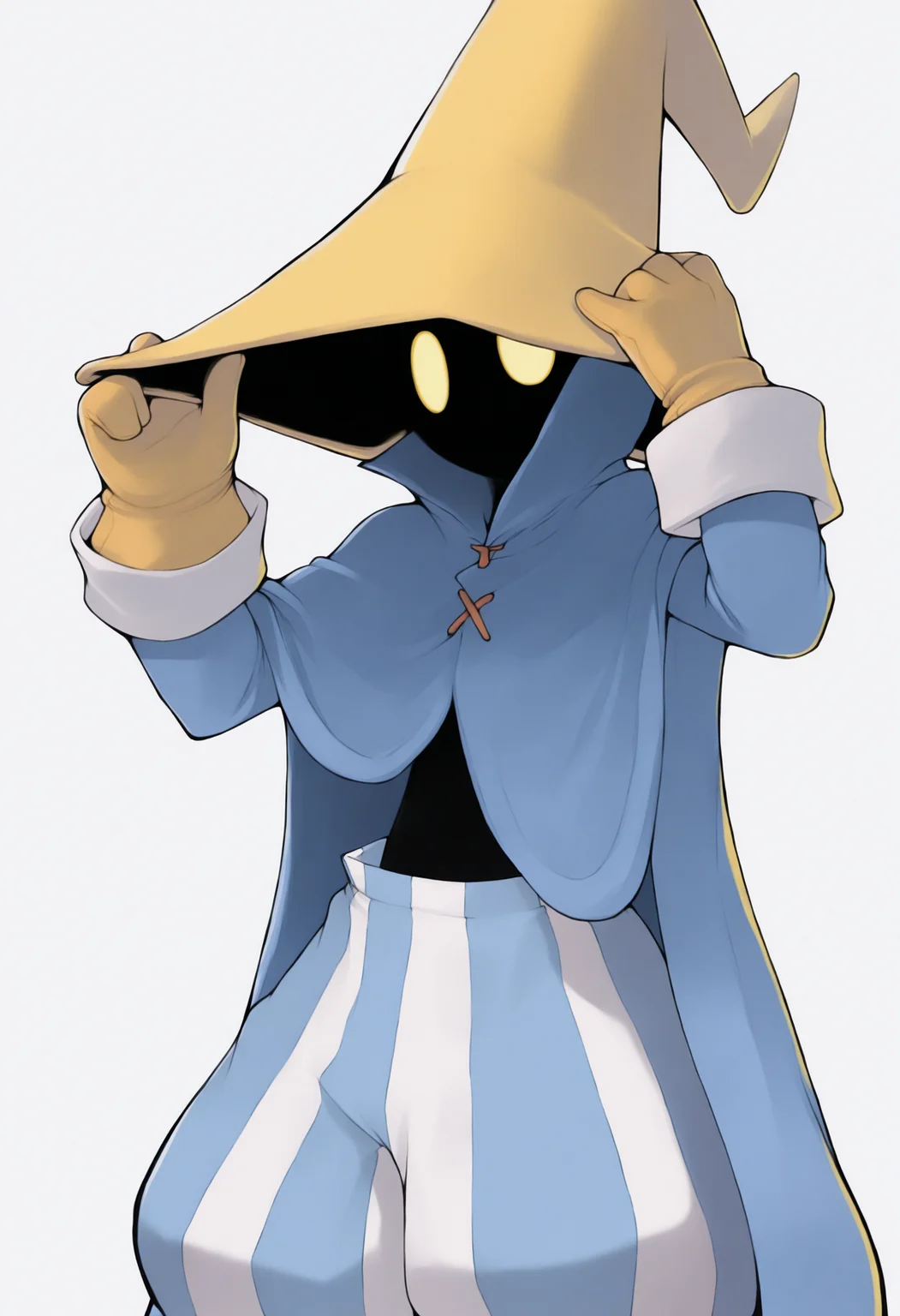masterpiece, best quality, solo, 1boy, looking at viewer, <lora:Yasuda-Suzuhito-illus_Fp:1>, <lora:Ziggy-illus_Fp:1>, ziggy, yellow eyes, shaded face, faceless, no mouth, wizard hat, striped pants, cloak, robe, gloves, puffy pants, adjusting headwear, white background,