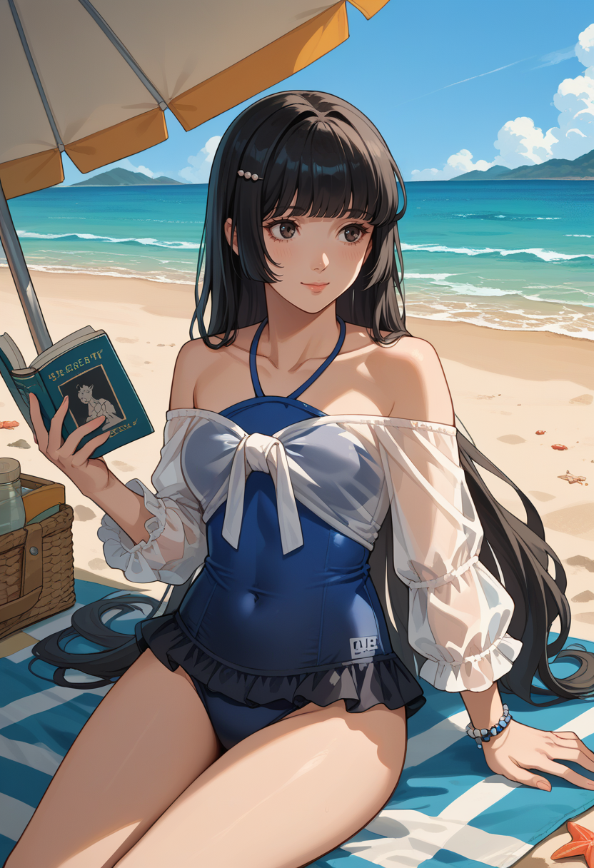 score_9, score_8_up, score_7_up, source_anime, 1girl, smile, closed mouth, beach, blue sky, towel, sitting, reading book
<lora:zs_RikoV2XL:1> rikosummerp5x, black hair, very long hair, blunt bangs, bare shoulders, one-piece swimsuit, see-through, jewelry