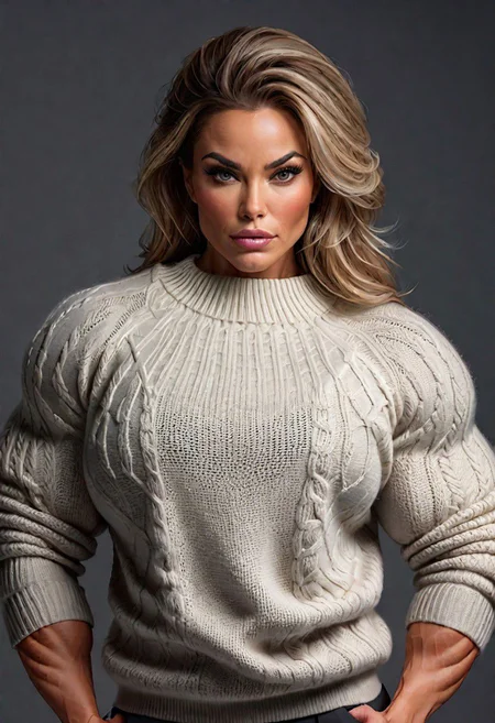 a portrait of a beautiful woman wearing a (concealing heavy sweater:1.2) massively muscular