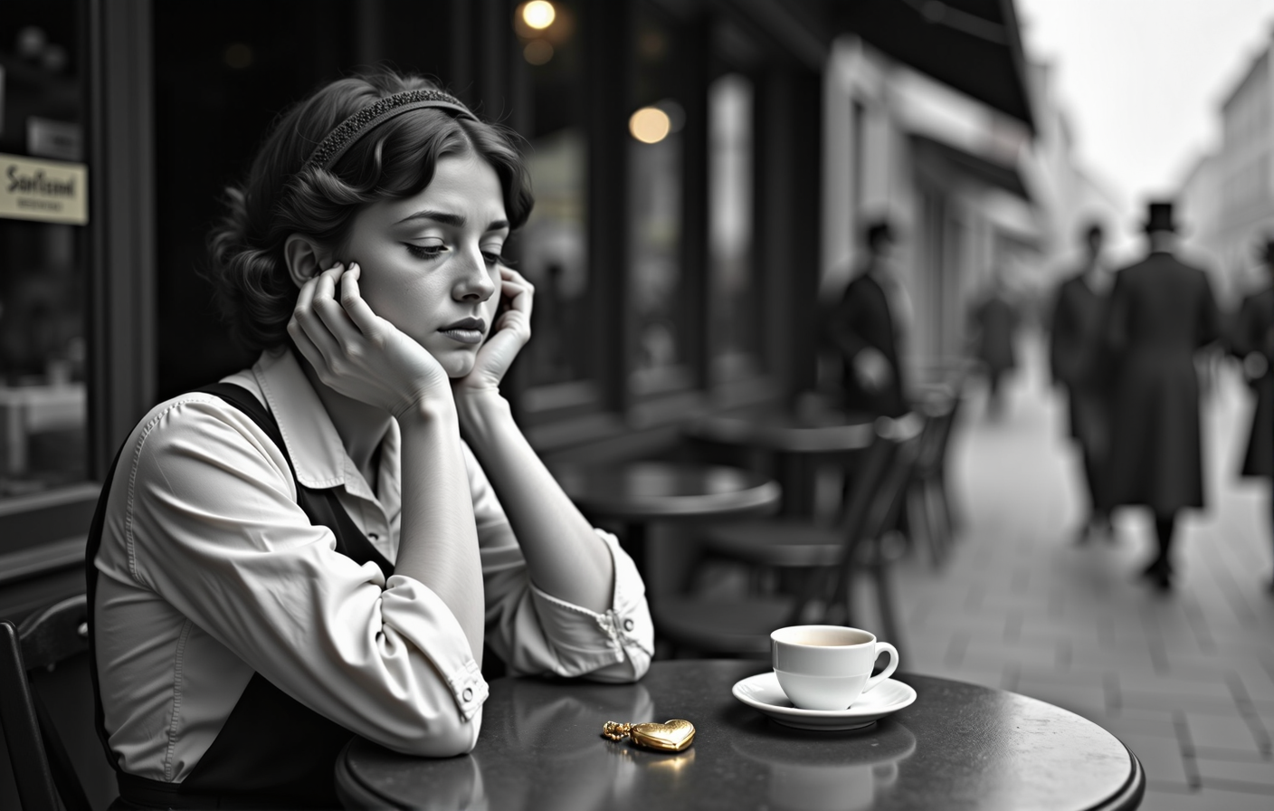 monochrome black and white image 1910's street a young woman sits at a table outside a cafe in typical 1910's attire, on the table is a small golden heart shaped locket laying flat on the table and next to it  a cup of coffee, her elbows on the table and resting her head in her hands as she looks down at the heart shaped locket on the table with a sad facial expression, the only object with color in the entire image<lora:KFT_HLA_V2_FLUX.safetensors:0.5:0.5>