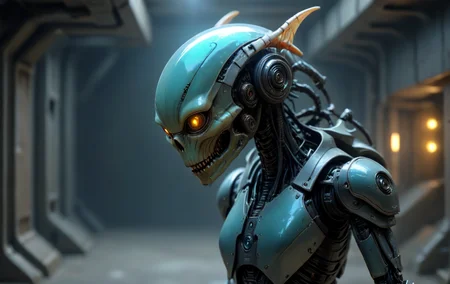 cybrk, sexy alien species female in a dark basement, highly detailed, dystopic, subversive <lora:alien-species:1> <lora:cybrk-knight-2p:1>