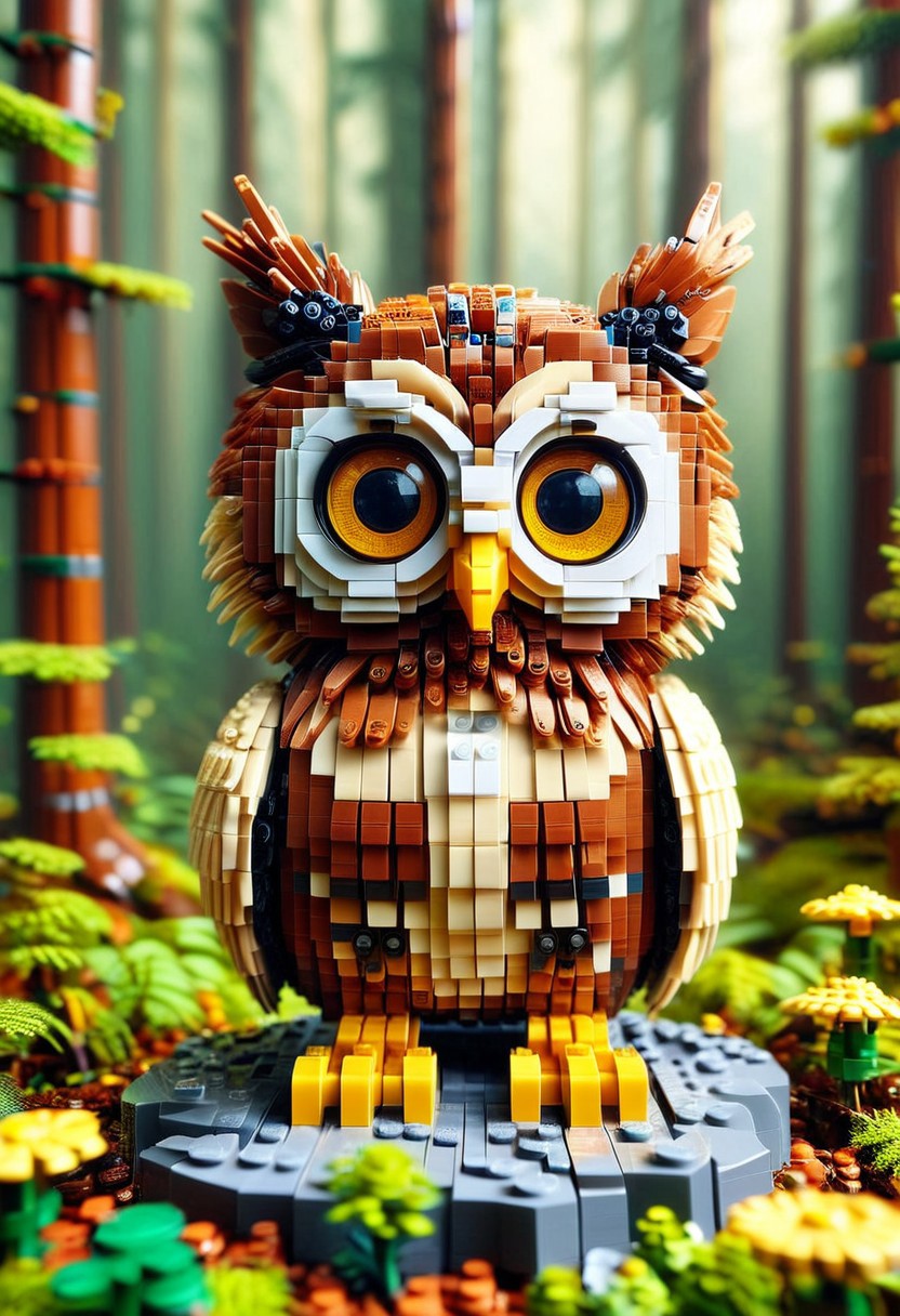 a cute chibi owl made out of lego, at lego forest