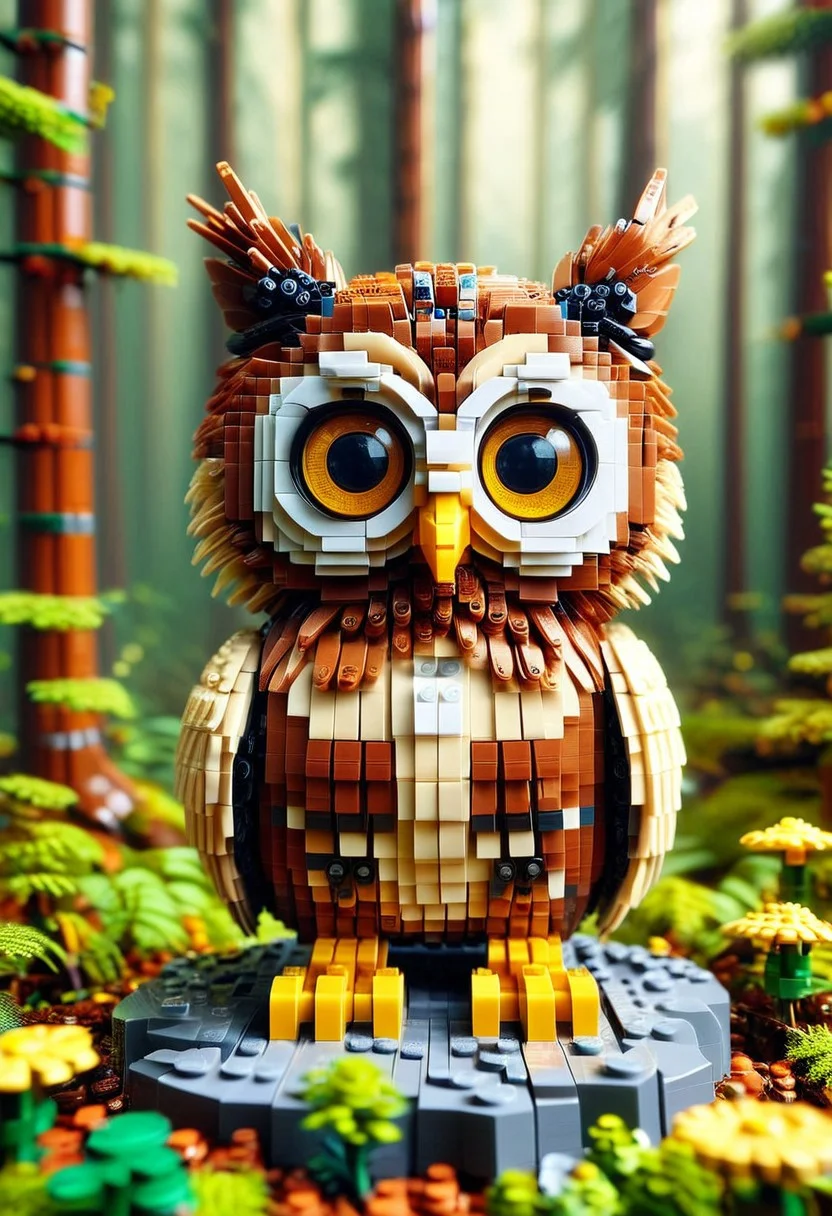 a cute chibi owl made out of lego, at lego forest
