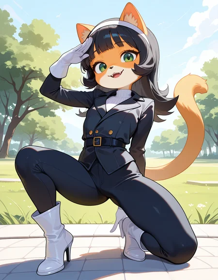 masterpiece, best quality, very aesthetic, absurdres,
outdoors, posing, 
white gloves, white high heel boots, black pants, black jacket, long sleeves, 
smile, parted lips, fangs, 
<lora:Kitty_Katswell_v01_NAIXL:1>
K1tty_Kat6w3311, 1girl, solo, furry, furry female, animal ears, long hair, black hair, hairband, blunt bangs, flipped hair, green eyes, animal nose, body fur, orange fur, cat tail,