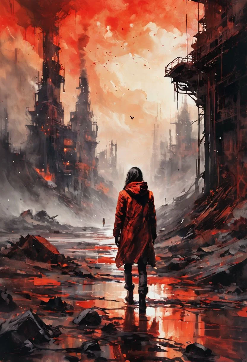 (Ink illustration on parchment). A post-apocalyptic wasteland, crumbling ruins of once-great civilizations, toxic skies painted in vibrant shades of red and orange, a lone wanderer traversing the desolation, dark creatures lurking in the shadows, flickers of radioactive energy illuminating the bleak landscape, seductive. eroticism. Ink splashes, rough ink sketch, moody, gloomy, dark picture, high contrast, stylized.