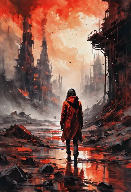 (Ink illustration on parchment). A post-apocalyptic wasteland, crumbling ruins of once-great civilizations, toxic skies painted in vibrant shades of red and orange, a lone wanderer traversing the desolation, dark creatures lurking in the shadows, flickers of radioactive energy illuminating the bleak landscape, seductive. eroticism. Ink splashes, rough ink sketch, moody, gloomy, dark picture, high contrast, stylized.