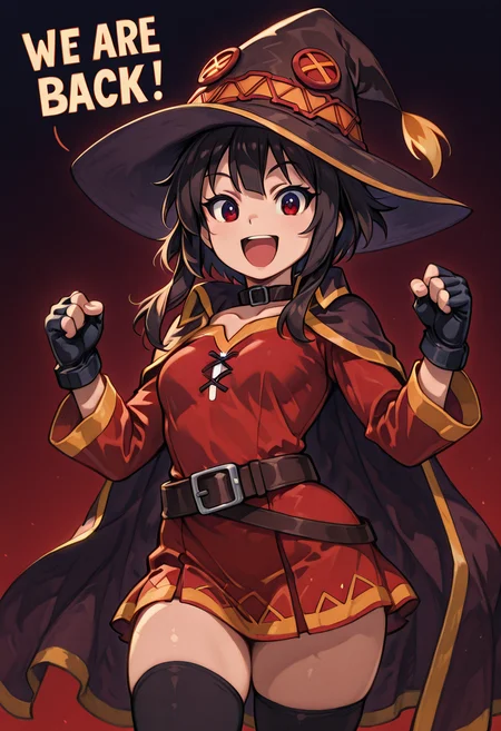 masterpiece, best quality, 1girl, solo, eyelashes, (beautiful eyes), We4reSoB4ck, text, medium breasts, (curvy), megumin, solo, looking at viewer, smile, red eyes, black hair, short hair with long locks, thighhighs, gloves, witch hat, red dress, black gloves, belt, black thighhighs, fingerless gloves, cape, collar, dramatic pose, (upper body), smile, teeth, :D, gradient background, ,<lora:We4reSoB4ck_IXL_v1:1.0>, <lora:CitronKuroStyle_IXL:1.0>,