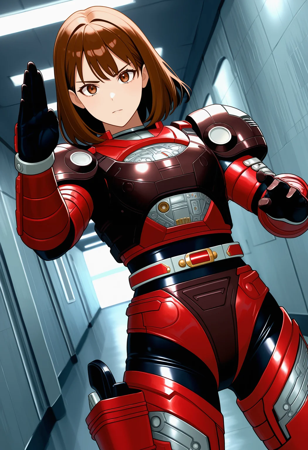 1girl, solo, R3ddle, armor, bodysuit, shoulder pad, gloves, belt, holster, brown hair, brown eyes, cowboy shot, dutch angle, looking at viewer, shiny clothes, fighting stance,
indoors, hallway, metal wall,
best quality, very aesthetic, masterpiece,