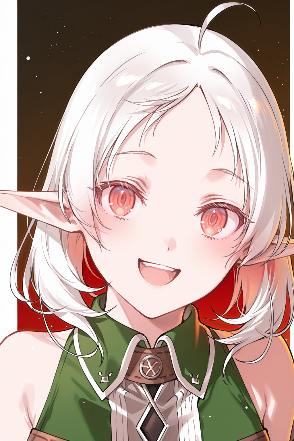 amazing quality, best quality, high quality, very aesthetic, artist:(Shirotaka), 1girl, solo, looking at viewer, white hair, elf, medium hair, red eyes, smile, :D, ahoge, sylphiette
 <lora:Shirotaka_5Choume_Illustrious:1>