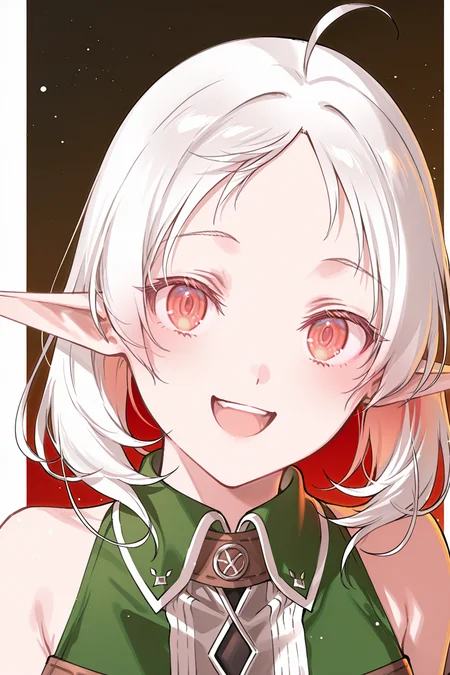 amazing quality, best quality, high quality, very aesthetic, artist:(Shirotaka), 1girl, solo, looking at viewer, white hair, elf, medium hair, red eyes, smile, :D, ahoge, sylphiette
 <lora:Shirotaka_5Choume_Illustrious:1>