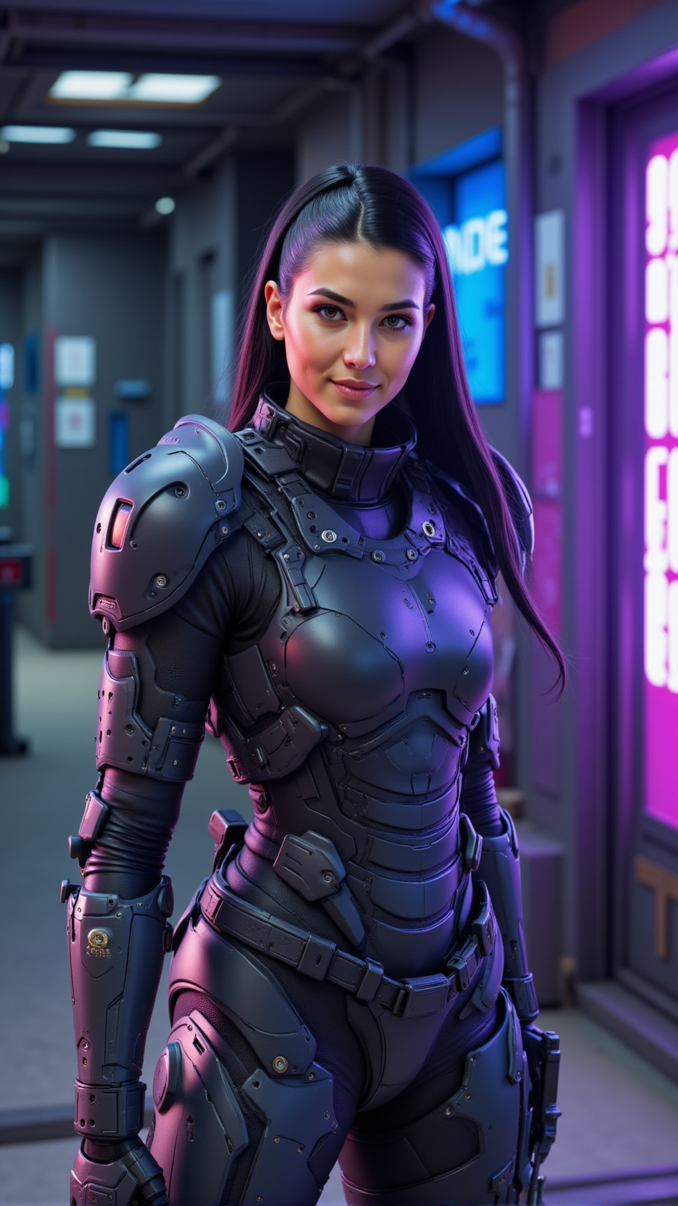 full-body candid photo of a white woman with sleek jet black hair tucked under a headband, standing in a relaxed stance with her rifle slung over her shoulder. Her armor is matte navy blue with gunmetal overlays, visible hex screws around shoulder joints, carbon polymer panels on arms and hips. The chest plating is molded yet practical. Background: neon-lit corridor in a high-tech base, with glowing signs and steam vents.







ftlas-mk.1

