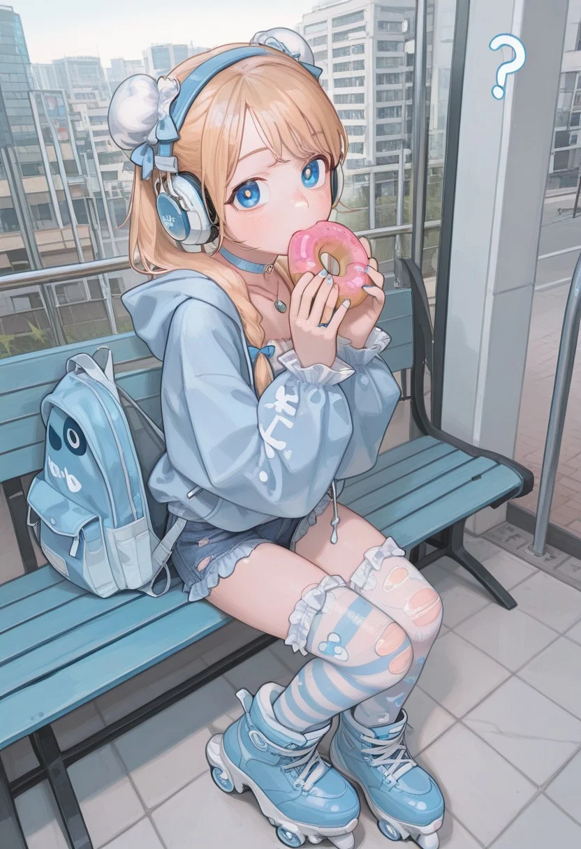 high detailed, high quality, masterpiece, best quality, very awa, absurdres, detailed eyes, detailed face, detailed skin, anime, cinematic light, dynamic shot, colorful, full body, BREAK, 1girl, young, blonde hair, blue eyes, KPB-Illu, bun cover, solo, white hair, blue hoodie, striped, print legwear, blue nails, headphones, denim shorts, frilled sleeves, necklace, lingerie, hair bow, blue footwear, skates, (?:1.4), (from above:0.5), torn clothes, choker, sitting, bench, white theme, holding food, donut, twintails, blonde hair, white nails, frills, backpack, looking at viewer, city, (marcille_donato:0.7), possmach, artist:henreader, artist:ciloranko, (artist:sho \\(sho lwlw\\):0.75), (tianliang duohe fangdongye:0.7),