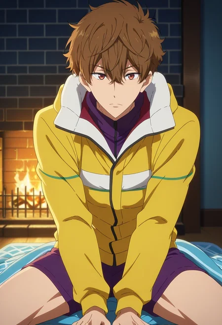 masterpiece, best quality, intricate details, anime screencap, anime coloring, official style, , 1boy, solo, male focus, <lora:natsuya_kirishima_ilxl:0.92>, natsuya_kirishima, brown hair, brown eyes, short hair, hair between eyes, bangs, ski lodge, crackling fireplace, snowy windows, cozy blankets, sitting pose, content expression, winter warmth, LavenderGray Animal print Tailored board shorts, Harrington jacket, , ,