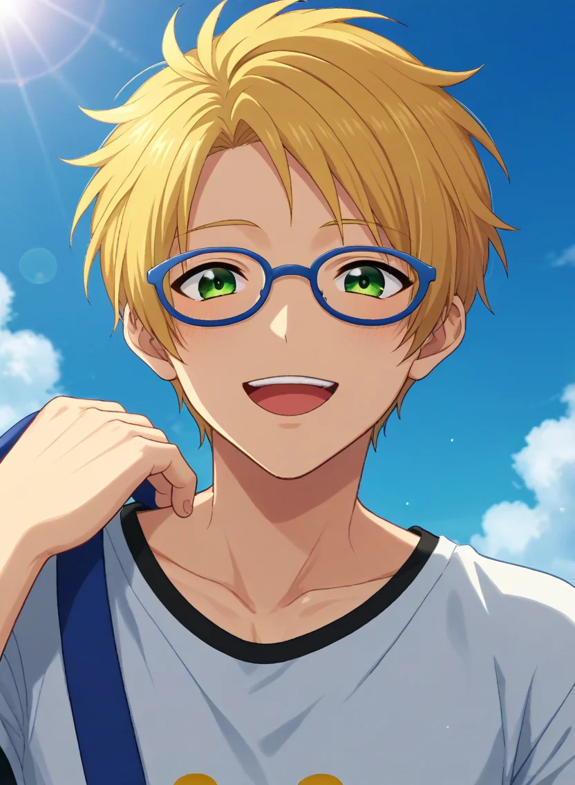 score_9, score_8_up, score_7_up, original style, source_anime, anime screencap, rating_safe, depth of field, BREAK,
1boy, solo, yaoi, male focus,
<lora:yuuki_makoto_pony:1> makoto_yuuki_pony, green eyes, blonde hair, short hair, parted hair, glasses, blue-framed eyewear, happy,
casual, looking at viewer, facing viewer, sky, day, light rays,
<lora:sdxl_lightning_8step_lora:1> <lora:xl_more_art-full_v1:1> <lora:Pony_DetailV2.0:1> <lora:Pony_QualityV4.0:1>