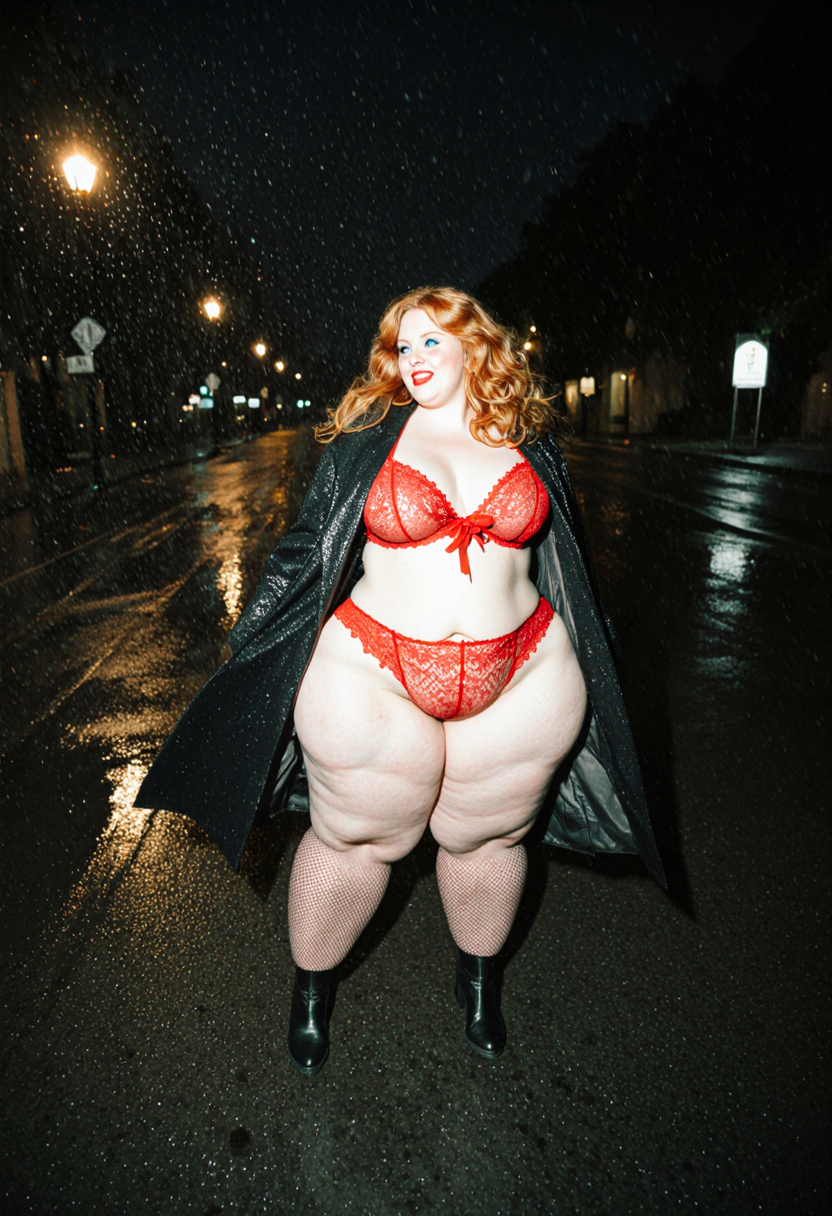 On a rainy, dimly lit street, the sound of raindrops hitting the pavement filling the air, a redhead curvy  woman with an hourglass figure stands under a faint streetlight, her large hips and small breasts accentuated by an open long coat that's blowing back in the wind. Underneath the coat, she's wearing a red lace bra that showcases her curves and a lace thong that leaves little to the imagination.

The woman's hair is a wild tangle of blonde locks, blown back by the wind and rain. Her bright blue eyes sparkle with mischief as she looks out at the rainy street, her full lips curled into a sultry smile. Her skin is pale and smooth, illuminated by the faint glow of streetlights that reflect off the wet pavement.

As she stands there, her coat blowing open to reveal her lingerie-clad body underneath,particularly her big buttock, she seems to be embracing the freedom and abandon of being outside in the rain. The droplets hit her skin like tiny fingers, caressing her curves and sending shivers down her spine. She closes her eyes, tilting her head back as she lets out a soft moan of pleasure.

The red lace bra is delicate and intricate, with thin straps that dig into her shoulders and a bow at the center that adds a touch of whimsy. The lace thong is equally revealing, showcasing her buttocks and leaving little to the imagination. As she stands there, she begins to spread her legs wide, exposing herself to the rainy night air.

The sound of thunder rumbles in the distance, adding to the sense of drama and excitement that surrounds this intimate moment. The woman's body seems to be glowing with an inner light, as if she's radiating heat and desire into the cold rainy night.

As she reaches climax point while standing on 1 leg losing balance almost falling then recover , then looks around aware someone may be watching from across street score_9 score_8_up realistic 1girl blonde erotic intimacy public nudity open long coat red lace bra lace thong boots fishnet stockings rainy street
. herbsphoto, herbst photo, candid, color contrast, film grain, analog texture, natural light, three-quarter back light, slivers of light on the face, moody, motion blur.