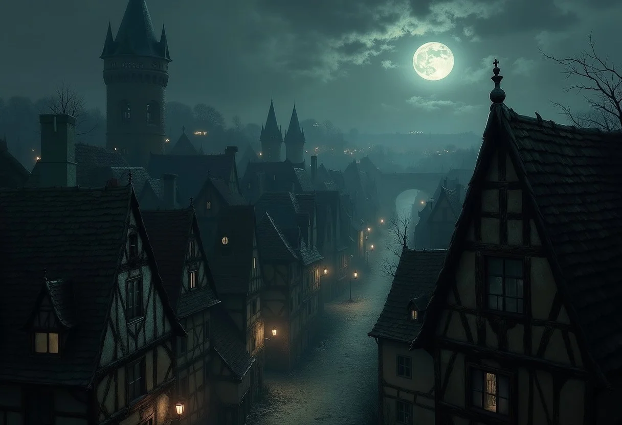 An atmospheric and powerful dark fantasy, natural organic and impressionist classical-style painting of medieval town. Low fantasy setting. The soft moon is covering saggy rooftops with its soft light. The buildings in town look old and worn, but there is warm light emitting from some windows. The overall mood is eerie and foreboding.