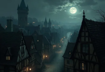 An atmospheric and powerful dark fantasy, natural organic and impressionist classical-style painting of medieval town. Low fantasy setting. The soft moon is covering saggy rooftops with its soft light. The buildings in town look old and worn, but there is warm light emitting from some windows. The overall mood is eerie and foreboding.