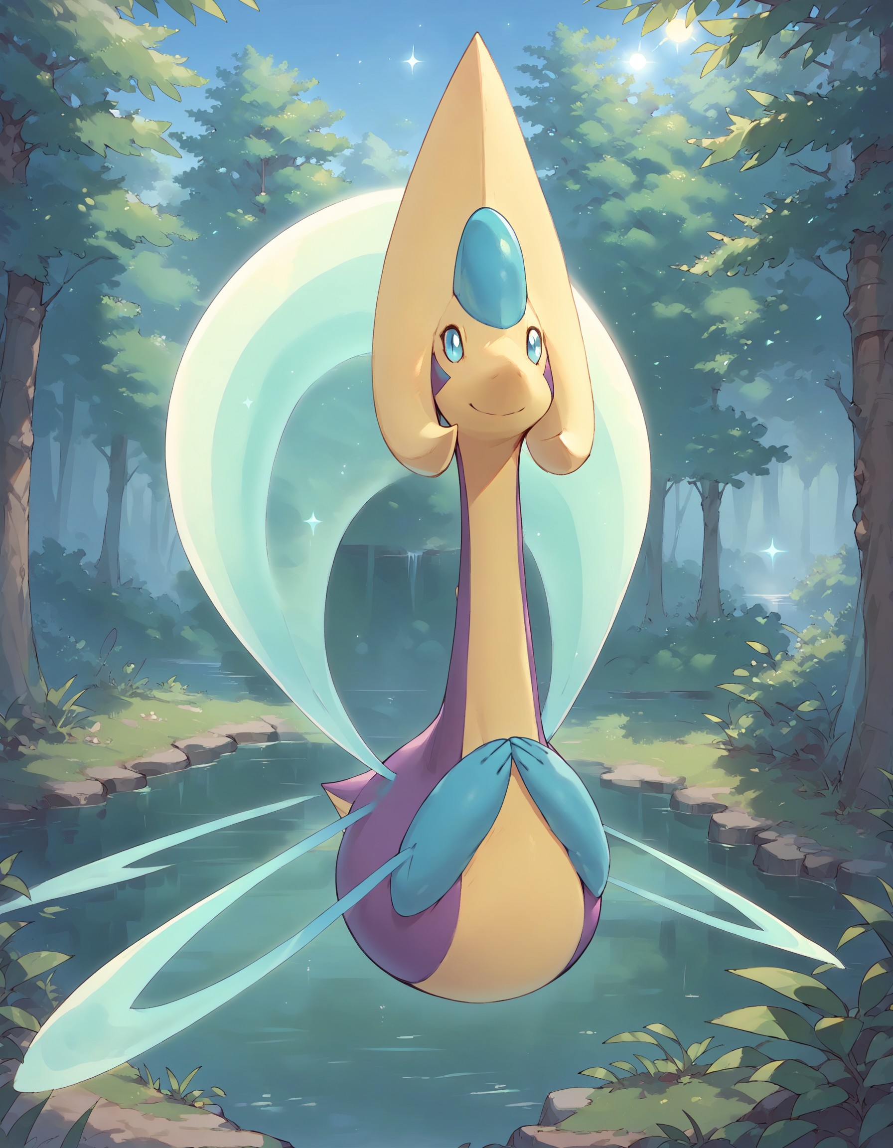 score_9, score_8_up, score_7_up, Cresselia, (solo), pokemon \(creature\), full body, multicolored skin, purple skin, blue eyes, floating, looking at viewer, sun, sunny, smile, forest, Expressiveh, , <lora:617f947f-ac55-4aaf-99b9-4c509965e0f6:0.9>, <lora:cefaa866-a58e-40ba-a219-79ab392f7d60:1.0>, <lora:7ec47181-66fd-458d-94ca-dd9d4ce04993:0.7>
