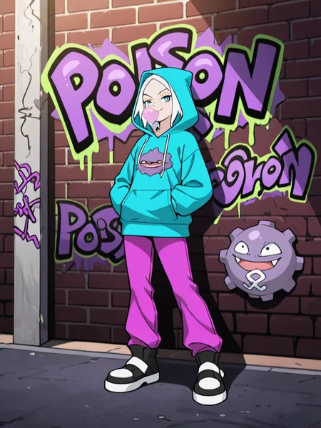 1girl,,smile, hands in pocket,  cool pose,against the wall,
<lora:roxie_2_pe:0.8>
Roxi5, chewing gum, green bubble gum,
blue eyes,pale skin, freckles,
white hair, hood up,
(hoodie_details blue and pink,:1.1) hoodie
dark pink pants, shoes,
BREAK brick wall, graffiti on the walls, (text"POISON":1.2)
purple graffiti, koffing draw in graffiti,
masterpiece, high quality, absurdres, best quality, very aesthetic, newest,