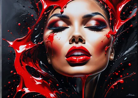 (acrylic painting:1.1), ((Lips with lipstick like liquid shiny red paint)), flowing, dripping, tempting shot, light skin, black background, highly detailed, glamour, (only uses 256 different shades in total), (brush strokes:0.6), high contrast, (paint drips:0.5), stark, (dripping paint0.5), (splatters:0.5), (dramatic:0.4), (photorealistic:0.2), <lora:paintmgc:0.5> paintmgc, red paint,
 <lora:MS_AcrylicArt_V1_SDXL:0.8> acrylic_painting, painting, brush strokes, paint drops, paint splatter