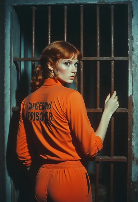 ArsMovieStill, movie still from a 1970s horror movie, upper body portrait from behind of  a 21 year old redhead woman with pale skin wearing a orange prison uniform, vibrant red hair in long braided pigtails.  She stands defiant in her dark prison cell against the rusting iron bars of her cell, shot is from behind with the woman looking back at the camera, she holds onto the bars to the side of her. DarkAtmosCE style, "DANGEROUS PRISONER" written in stencil on the back of her uniform